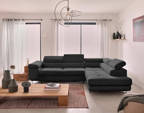 Bestmobilier Zaria – Ecksofa rechts – mit Schlaffunktion und Bettkasten sowie verstellbaren Kopfstützen – 5-Sitzer – aus Cord Dunkelgrau