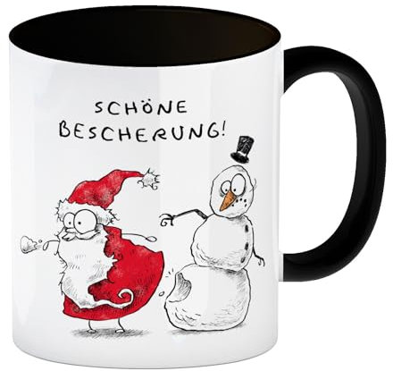 Weihnachtsmann und Schneemann Kaffeebecher in schwarz mit Spruch Schöne Bescherung lustiger Weihnachtsmann Kaffeebecher in schwarz Weihnachtsmotiv Tasse Weihnachten Comic