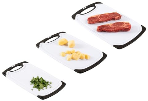 Restaurantware Comfy Grip Schneidebrett-Set, 3-teilig, PP-Kunststoff, Weiß und Grau, 24,9 cm L x 15,2 cm B, 33 cm L x 29,8 cm B, rutschfest, spülmaschinenfest, wendbar