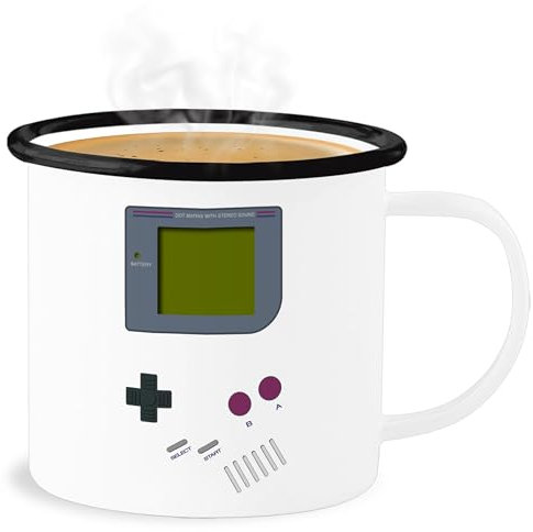 Emaille Becher Blechbecher - Karneval & Fasching - Tassen - Gameboy | Nerds - 300 ml - Weiß Schwarz - fasching- 90 tasse carnevale 90s karnevals 90's faschings 90‘s verkleidet game carnival 90er