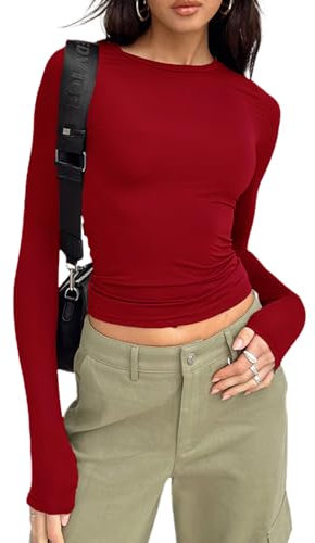 Women's Slim Fit Crop Tops Casual Solid Color Crew Neck Long Sleeve Tight T-Shirt Basic Blouse Tee Tops (Red, L)