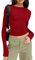 Women's Slim Fit Crop Tops Casual Solid Color Crew Neck Long Sleeve Tight T-Shirt Basic Blouse Tee Tops (Red, L)