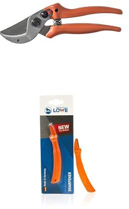 Original LÖWE Set bestehend aus kompakter und starker Profi Amboss Schere 15.104 für hartes Holz wie Kiefer, Linde, Fichte oder Lärche & Klingenschärfer 0022 für Gartenscheren und Industriescheren