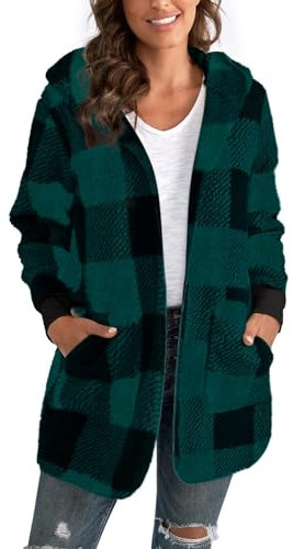 Damen Plaid Sherpa Jacke Fuzzy Fleece Open Front Hooded Cardigan Jacken Oberbekleidung mit Taschen, dunkelgrün, 36