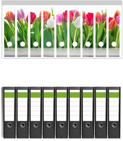 Wallario 9 Stück breite Ordner inkl. Klebeetiketten mit Motiv Rote weiße und Pinke Tulpen im Frühling - Set mit Rückenschildern/Ordnerrücken Stickern