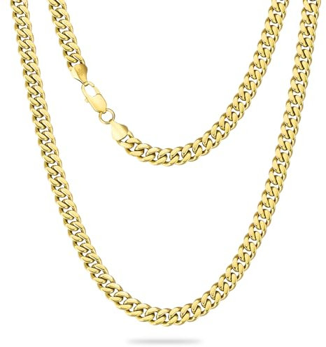 KRKC&CO Männer Halskette, 7mm Herren Edelstahl Panzerkette mit Diamantschliff, 14K Gold Vergoldet Cuban Link Chains Goldkette, Nickelfrei Halskette, Geschenke für Männer Jungen, [Länge 66cm]