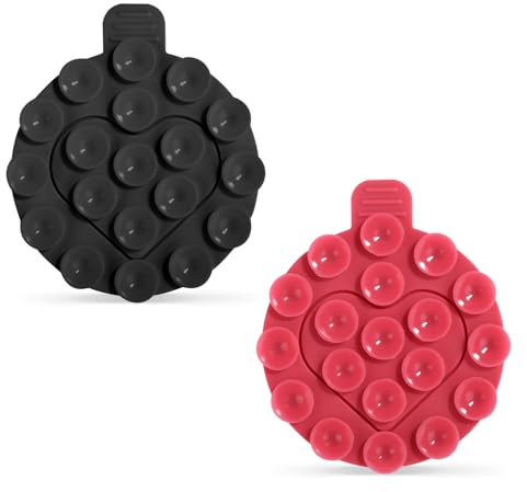 PEUTIER 2pcs Suction Cup Phone Mount, Round Sticky Phone Grip Double-Sided Pad Silicone Phone Holder Heart Shape Fidget Toy Suction Phone Case Accessory for Flat Surface (Black, Rose Red)