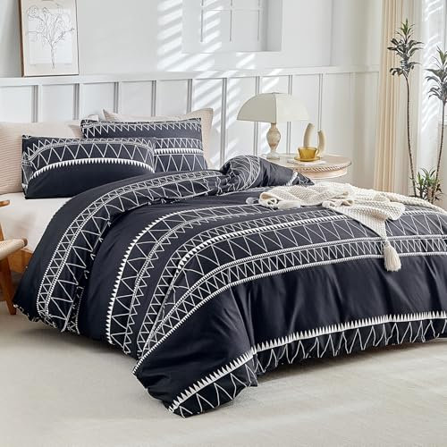 Lekesky Bettwäsche 220x240, Bettwäsche 3teilig Bettbezug, Bohème Stil Bettwäsche Set 220x240 cm Mikrofaser mit Kopfkissenbezug mit Reißverschluss 80x80cm*2, Schwarz