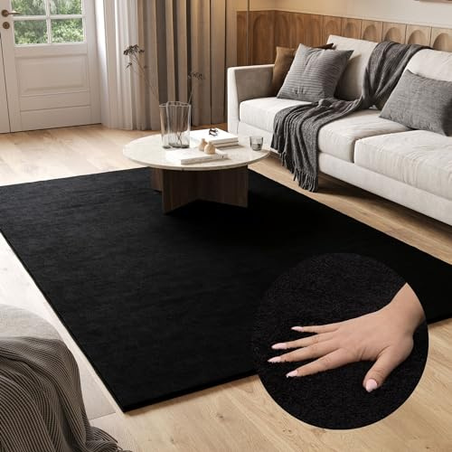 TAPISO Cuddle Teppich Shaggy rutschfest Langflor Hochflor Schwarz Einfarbig Waschbar Wohnzimmer Schlafzimmer Kinderzimmer ÖKOTEX 300 x 400 cm