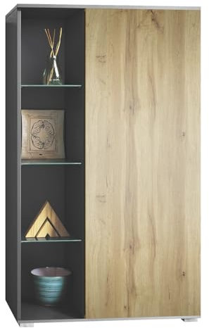 Vladon Vitrine Davos, Made in Germany, Standvitrine mit 3 Glasböden und 8 Fächer, Anthrazit matt/Eiche Wotan (71,5 x 134 x 35 cm)