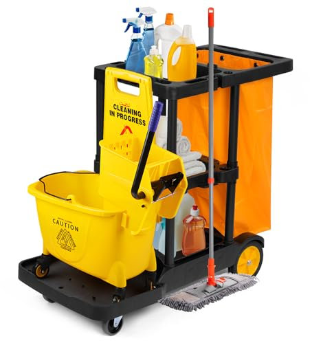 bimiti Janitorial Trolley Cleaning Cart Trolley Housekeeping Commercial Cleaning Utility Service Cart Large Capacity Utility Oxford Bag,Side Hook Design,&Swivel Wheels