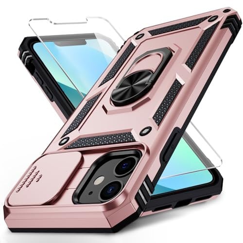 Vinve for iPhone 12 Mini Case with Slide Lens Cover, HD Screen Protector, Military Grade Drop Protection, Magnetic Rotated Ring Holder Kickstand Phone Case for iPhone 12 Mini,Rose Gold