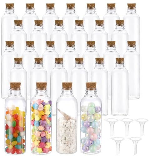 SUMTree 30 Packs 5 oz Plastic Sand Art Bottles with Corks Topper, Clear Potion Bottles Containers with 5 Mini Funnels for DIY Craft, Essential Oil, Party Decorations (Wood, Cork Topper)