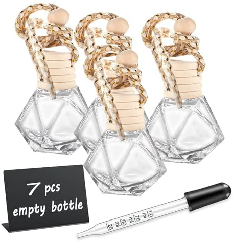MINELEVEN Niedliche Mini-Glasflaschen mit hängender Holzabdeckung und Kunststoff-Tropfer, Auto-Lufterfrischer, Parfümflasche, leere DIY-Flasche, Dekoration, 7 Stück