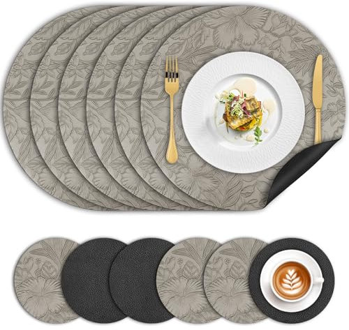 Placemats and Coaster Sets 6, Dual-Sided Leather Floral Place Mats 34cm, Heat Resistant Non-Slip Washable, Waterproof Round Kitchen Coffee Table Mats for Home Dining Table Restaurant Hotel(Grey Black)