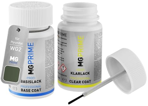 MG PRIME Autolack Lackstift für Hyundai WG2 Rockwood Green Pearl + Klarlack | Set aus Basislack + Klarlack, Lackfläschchen mit Pinsel, je 50ml