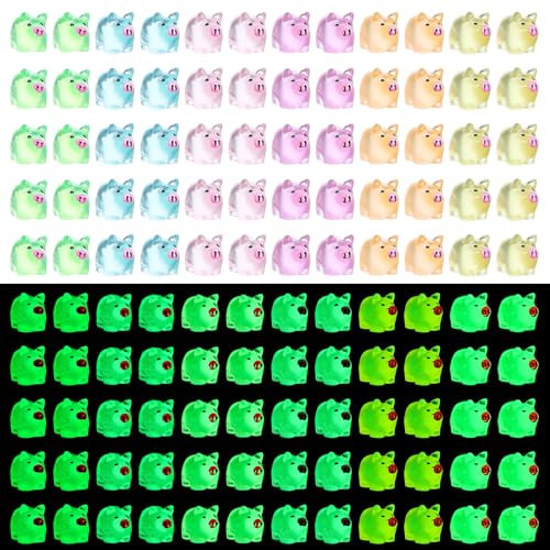 AOZUO 60 Stück Winzig Leuchtend Mini Harz Schwein Deko, Glücksschweinchen Mini Harz Tiere Kleine Figuren Schwein im Dunkeln Mini Harz Figuren Schwein Mini Schweine für Garten Puppenhaus