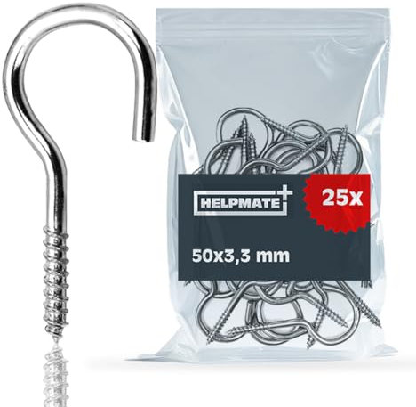 HELPMATE – Schraubhaken gebogen 50x3,3x18x13 mm – galvanisch verzinkter Stahl – 25 Stück – Haken für die Wand- oder Deckenmontage