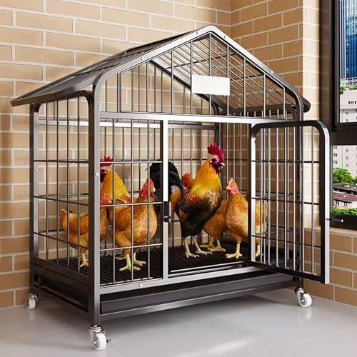 Gehege für Kleintiere Draussen Mit Deckel Und Boden Verschlüsselte Netzfußmatten Wetterfest Hühnerhaus Mit Rädern 3 Größen Auch Als Entenstall Hasenstall(Black,83 * 60 * 93CM)