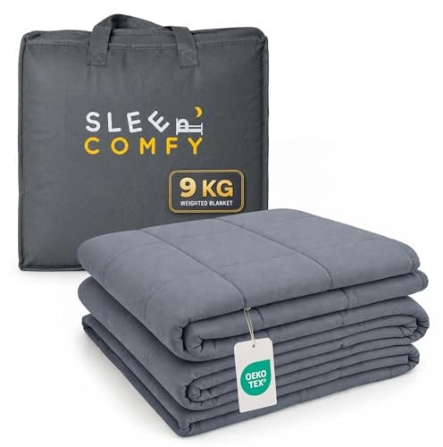 SLEEP COMFY Gewichtsdecke Anthrazit - 9 Kg, 150x200 cm, Alle Jahreszeiten | Beruhigende 9 Kg Gewichtsdecke, Oeko‑Tex, atmungsaktive Mikrofaser, gleichmäßige Glasperlenverteilung für besseren Schlaf.