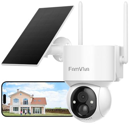 FAMVIVA 2K Solar Security Cameras Wireless Outdoor, 360°PTZ Battery Powered Cameras for Home Security, 2.4G WiFi Outdoor Camera with Color Night Vision, IP66 Waterproof, Motion Sensor Alarm, White