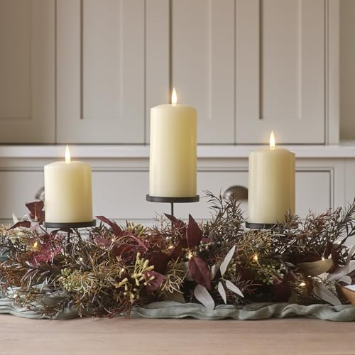 Lights4Fun Herbst-Winter Trio Kerzenhalter mit natürlichem Zweigrahmen und DREI flachen Metallsphären – 70 cm Länge – Dekoratives Herzstück für TruGlow® Stumpenkerzen – Elegante saisonale Tischdeko