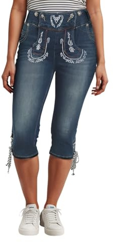 trachtenhose damen, Trachtenjeans Damen 3/4 Stretch Capri-Hose Trachten Jeans Shorts Oktoberfest Bayerisches Trachtenhose High Waist Slim Fit Kurze Jeanshose Kniebund Bequeme Denim Hosen Blau XXL
