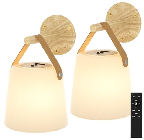 TACAHE Rechargeable Wall Sconce - Plastic Frosted Lampshade - 3 Color Temp & 5 Brightness - Remote Control - 5000 mAh Battery Operated - Cordless Wall Lamp for Camper, RV - Set of 2 (Wood Color)