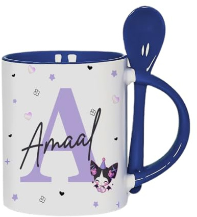 Personalised Initial & Name Coffee Mug – Cute Cartoon Character Design – Custom Ceramic Cup Gift for Kids, Teens & Friends, Mug with Spoon – Colour Inside Coffee Cup. (Navy Blue)
