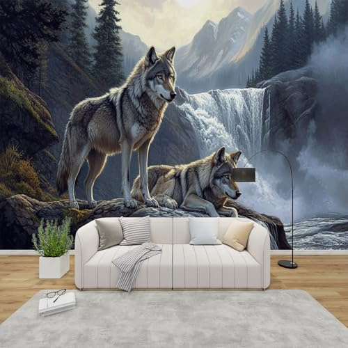 MMYAOKEN Papier Peint Panoramique Loup 400x280 cm - Décoration Murale Animaux Sauvages Montagne - Tapisserie Murales Papier Peint Intissé pour Chambre Salon - Moderne Poster Tableaux Photo Muraux