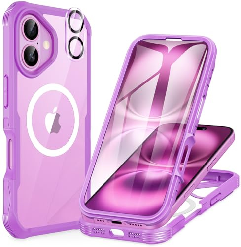 CENHUFO Compatible with iPhone 16 Case Fits for Magsafe, Built-in Glass Screen Protector with Camera Lens Protector, 360 Full Body Shockproof Protective Phone Case for iPhone 16 6.1 Inch - Rose Pink