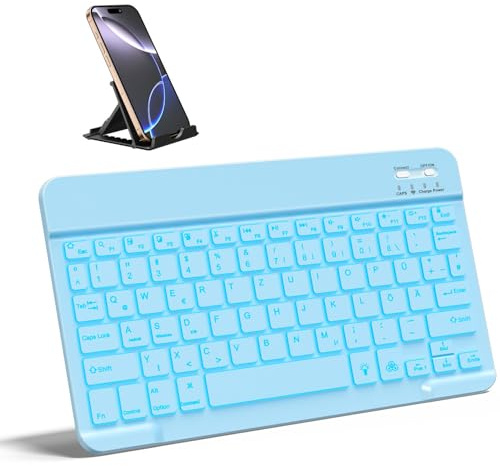 Vobafe Bluetooth Tastatur 7-Farbiges Beleuchtete Tastatur iPad, QWERTZ DE | mit Telefonhalter, Ultradünn Kabellose Tastatur für iPad/Tablet/Laptop/Smartphone (iOS/Android/Windows Systeme), Hell Blau