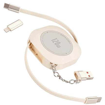 120W Einziehbares Ladekabel 4-in-1 Ladekabel USB-C Schnellladekabel und Datenübertragung Kabel USB auf Typ C + Lightning für iPads iPhone Samsung Tablets（Golden）