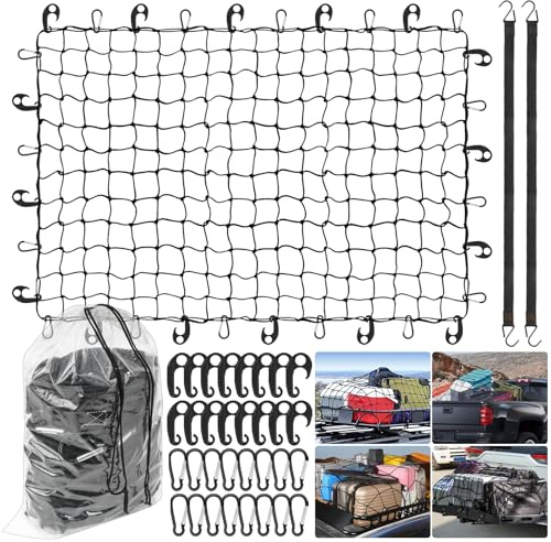 Heavy Duty Elasticated Cargo Net 180x120cm Stretches to 360x240cm - with Bungee Cords, Metal Carabiners & Hooks, Truck Cargo Net for Pickups, Vans, SUVs, ATVs & UTVs, Luggage & Camping Net
