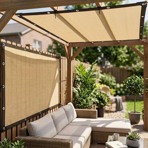 Filet d'Ombrage Beige 90%, Toile d'Ombrage avec Œillets pour Pergola Terrasse Balcon Clôture, Filet Camouflage Brise Vue Extérieur Respirant en HDPE, Coins Renforcés(4x4.5m)