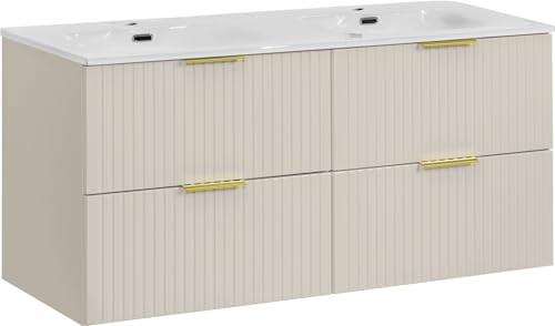 WFL GROUP Doppelwaschtisch-Unterschrank mit 2 integrierten Keramik-Waschbecken – Wandhängend, Geriffelte Soft-Close-Schubladen, Rillenfronten in Kaschmir Matt – 120 cm Breit