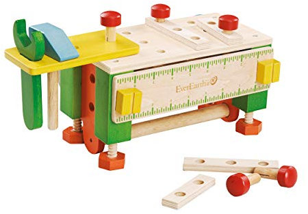 EverEarth Werkzeugkasten mit Werkbank - 2-in-1 Holzspielzeug mit Hammer, Schraubendreher & Säge - Fördert Feinmotorik & Kreativität - Nachhaltiges Spielzeug ab 3 Jahren - EE33289