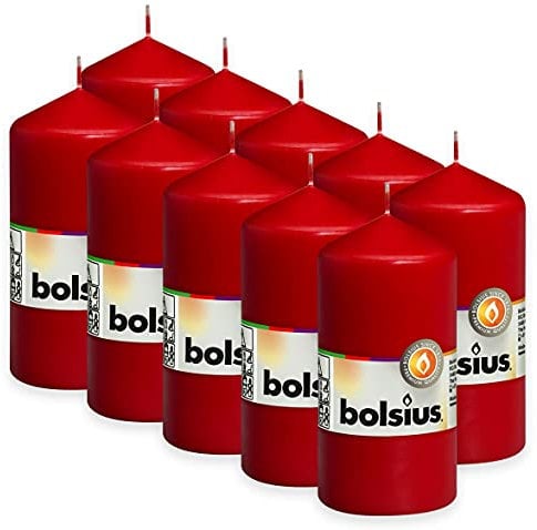 Bolsius Glatte Stumpenkerzen - Rot - Set 10 Stück - Dekorative Haushaltkerzen - Länge Brenndauer 33 Stunden - Unparfümierte - Natürliches Pflanzenwachts - 12 x 6 cm