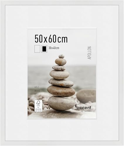 accent by nielsen Bilderrahmen mit Passepartout, 50 x 60 cm, Holz, Weiß, Posterrahmen zum Aufhängen im Hoch- & Querformat, Echtglas, Apollon