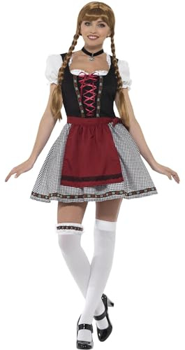 Smiffys Flirty Fräulein Bavarian Costume, Black with Short Dress, Mock Suede Bodice, Top & Apron, Oktoberfest Fancy Dress, Adult Dress Up Costumes