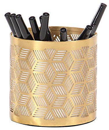 Deco 79 Pot à Crayons géométrique en métal avec Motif gravé au Laser, 10,2 x 10,2 x 10,2 cm, doré