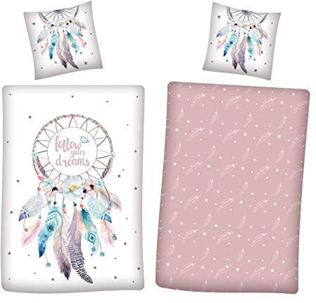 Familando Traumfänger Bettwäsche Set 2-teilig Bettbezug 135x200 + Kissenbezug 80x80 cm - Bettwäsche aus 100% Baumwolle mit Reißverschluss - Mädchenbettwäsche Rosa mit Sternen und Federn