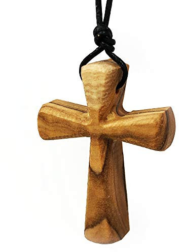 Konische Kreuzkette aus massivem Holz, Kruzifix-Anhänger für Frauen, Männer, Jungen und Mädchen an langer schwarzer Lederschnur