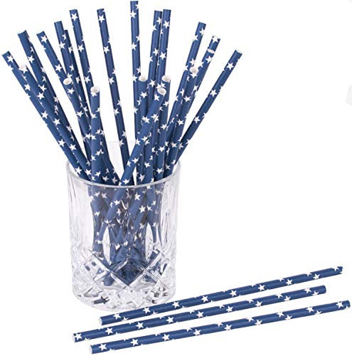 Lot de 25 pailles en papier jetables Stars 100 % papier 19,7 cm Bleu