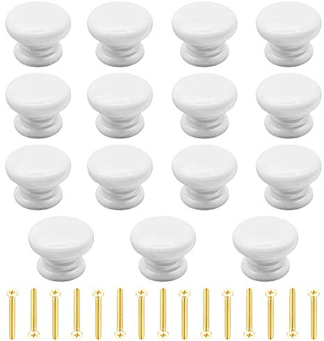 Yijunmca 15 Pack Cabinet Knobs Round Pulls 34mm White Wooden Drawer Knobs with Screws for Dresser Furniture Kitchen Bathroom Cupboards & Shutters Wardrobe Pulls, Mushroom Shape Handle