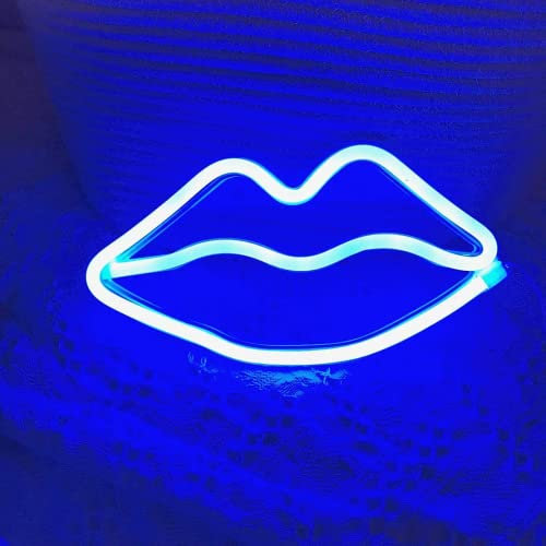 BringLuck2U Lippenform Leuchtreklamen LED Kuss Leuchtreklame Licht Wandkunst Dekoration Lichter für Baby Mädchen Room Bar Hochzeit Party Supplies (Blau)