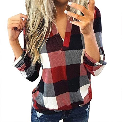 Tunique Femme Chemise à Carreaux à Manches Longues Retroussées Hauts Chemisier Henley Décontractés à Col en V Et Blocs De Couleurs