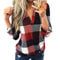 Tunique Femme Chemise à Carreaux à Manches Longues Retroussées Hauts Chemisier Henley Décontractés à Col en V Et Blocs De Couleurs