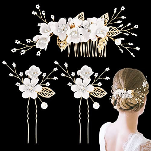 BETESSIN 3 Stk Haarschmuck Hochzeit Blumen Haarkamm Braut Perlen mit Haarnadeln Perle Gold Weiß Brautschmuck Haare Kopfschmuck Haarklammern für Frauen und Mädchen Party Accessoire