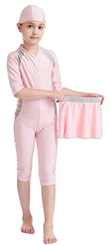 Bescheidene Muslimische Bademode für Mädchen UPF 50+ UV Islamischer Hijab Burkini Halber Ärmel Einteiliger Rash Guard Badeanzug mit Rock Badekappe 3-teiliger Schwimmanzug